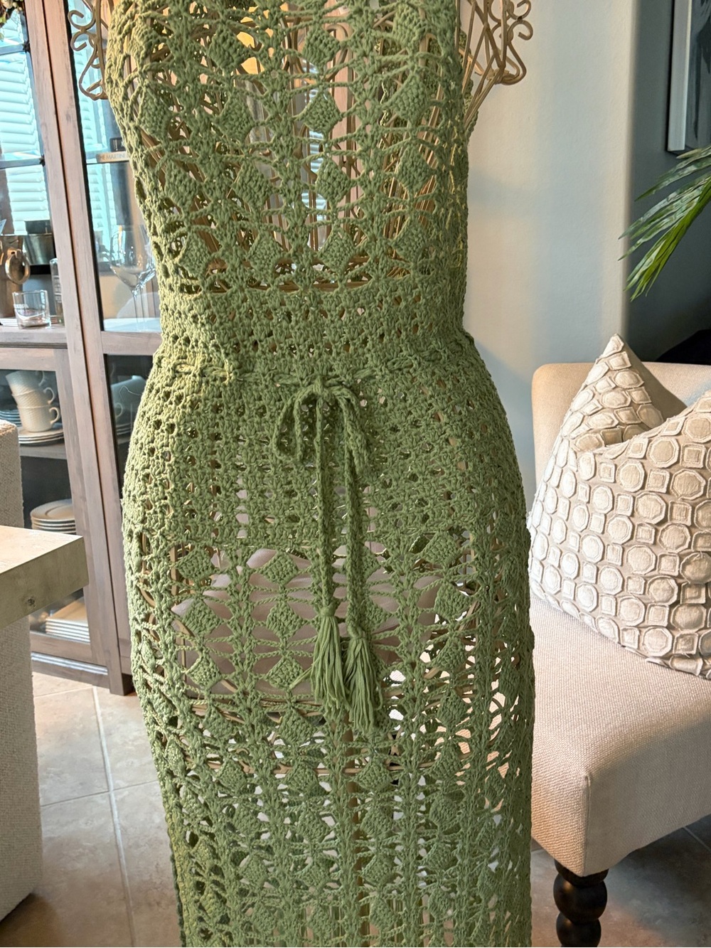 Lulu's Olive Green Crochet Fringe Maxi Dress or Cover Up - Picture 3 of 5